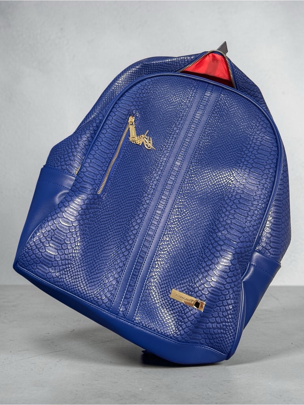 Women’s Blue Faux-Snake Leather Backpack with Gold Hardware